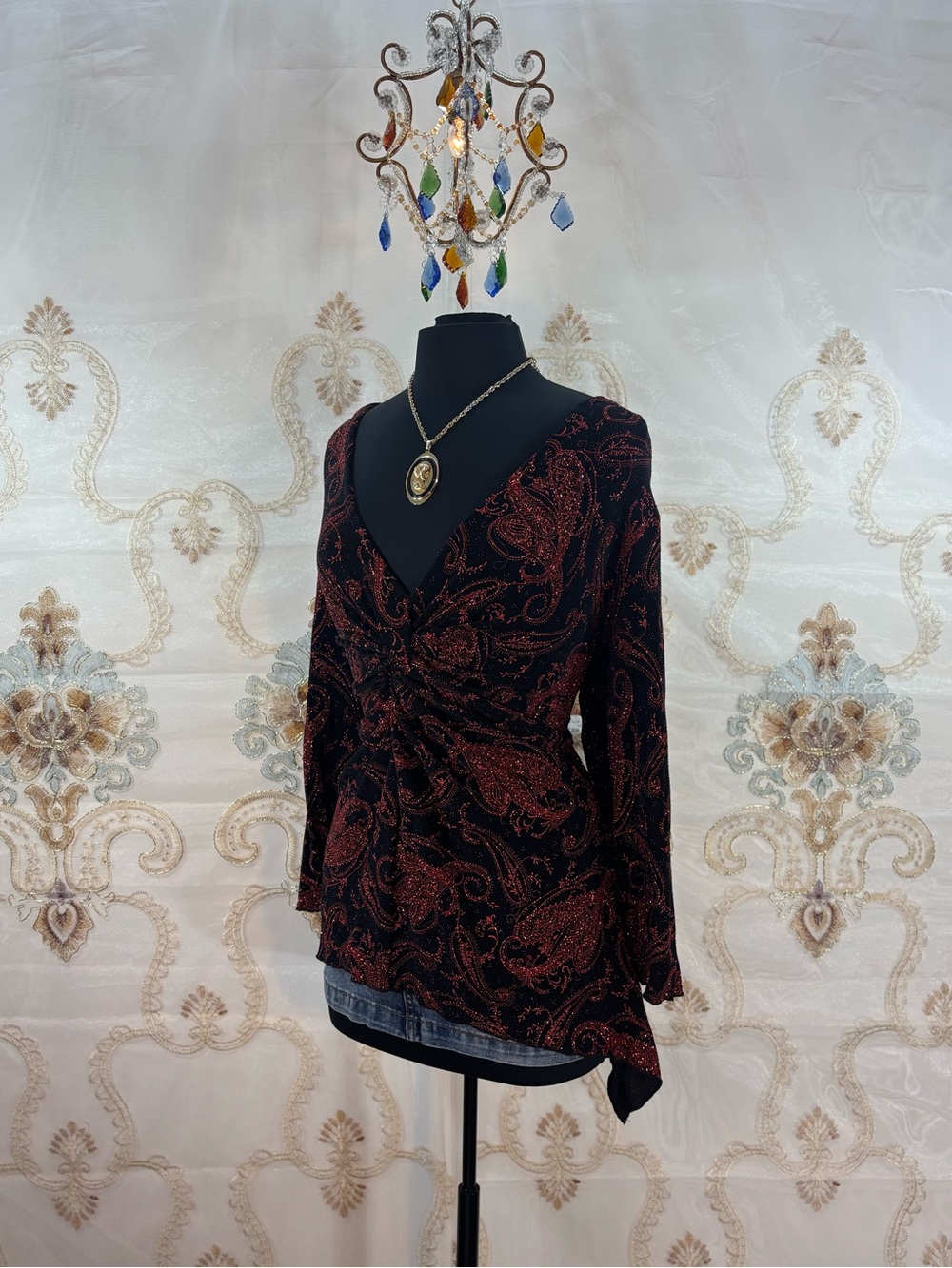 ✨Vintage Y2K Whimsigoth Red Glitter Paisley Asymmetrical Ruched Fairy Blouse✨